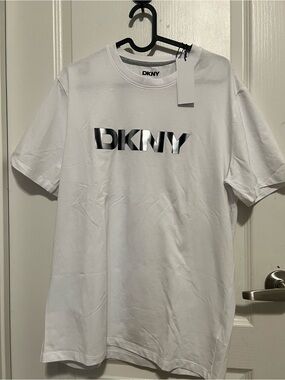 DKNY White Short-Sleeve Tee with Silver Logo